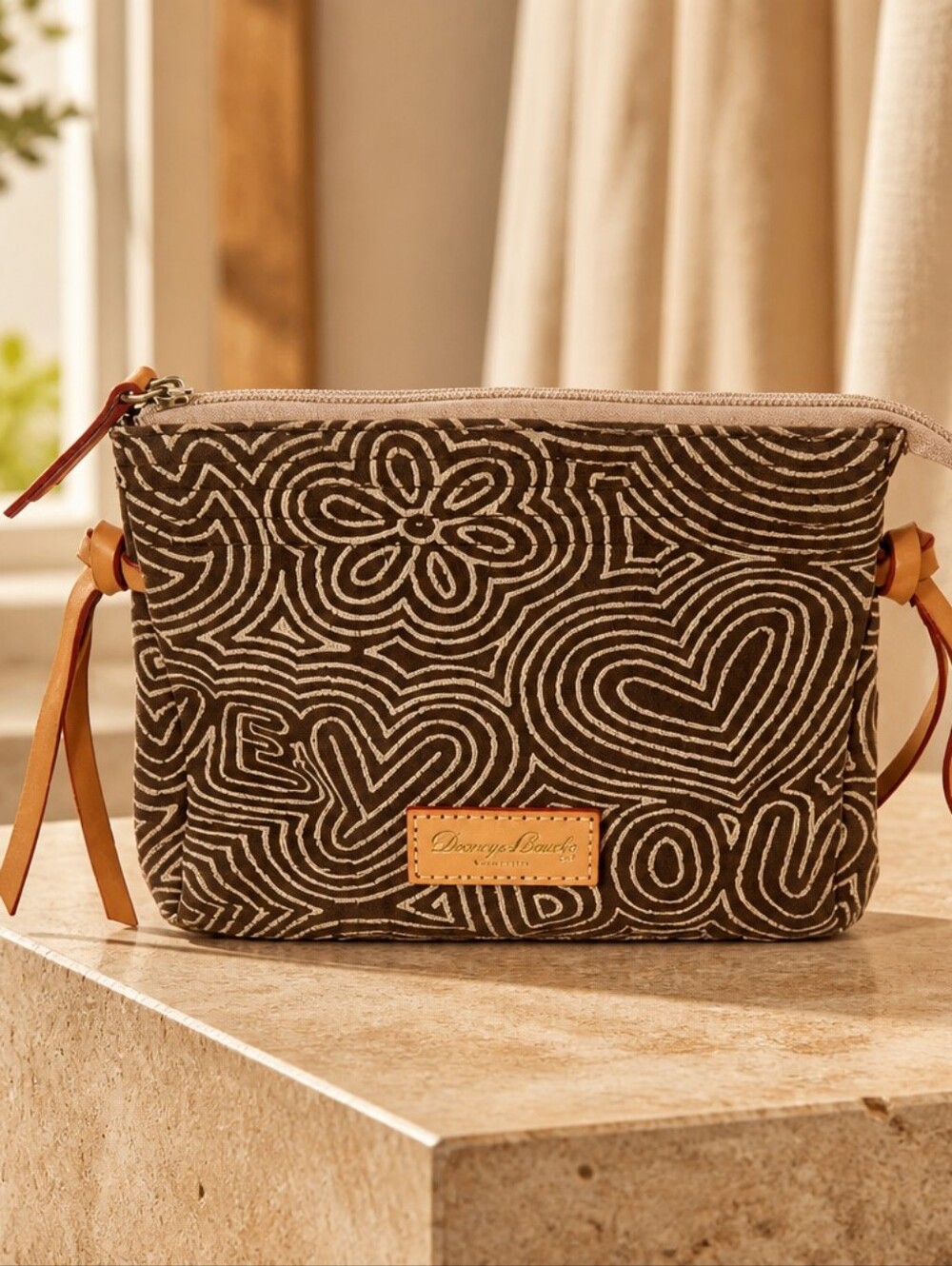 Dooney & Bourke Brown Patterned Canvas Clutch with Tan Trim